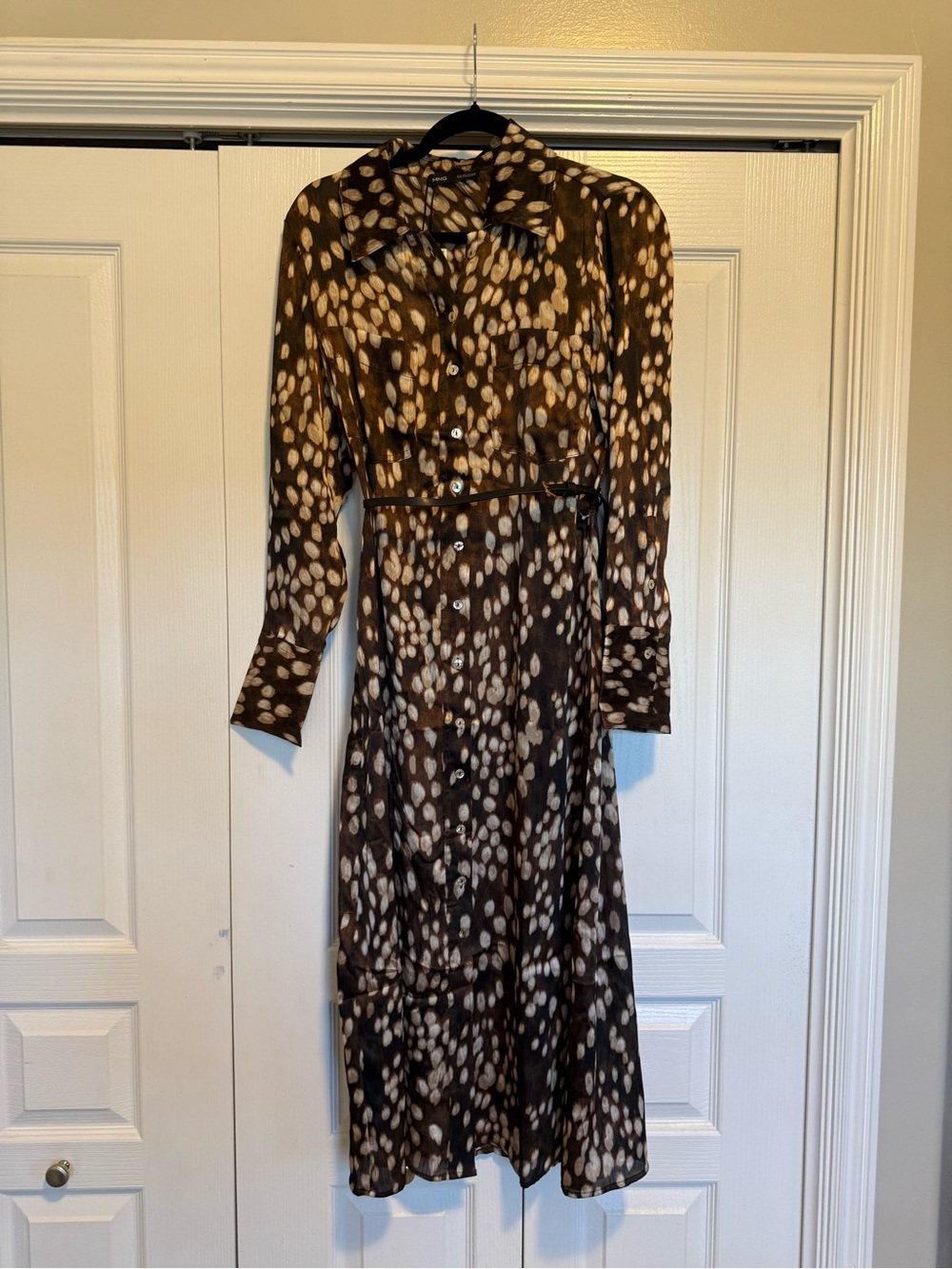 Mango Brown and Cream Printed Long-Sleeve Shirt Dress